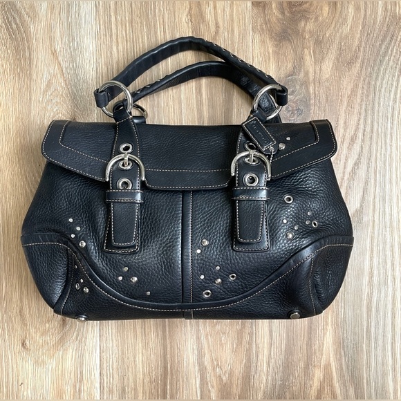 COACH RARE LIMITED EDITION STUDDED BLACK EXPANDABLE FLAP LEATHER SATCHEL BAG - Picture 1 of 6